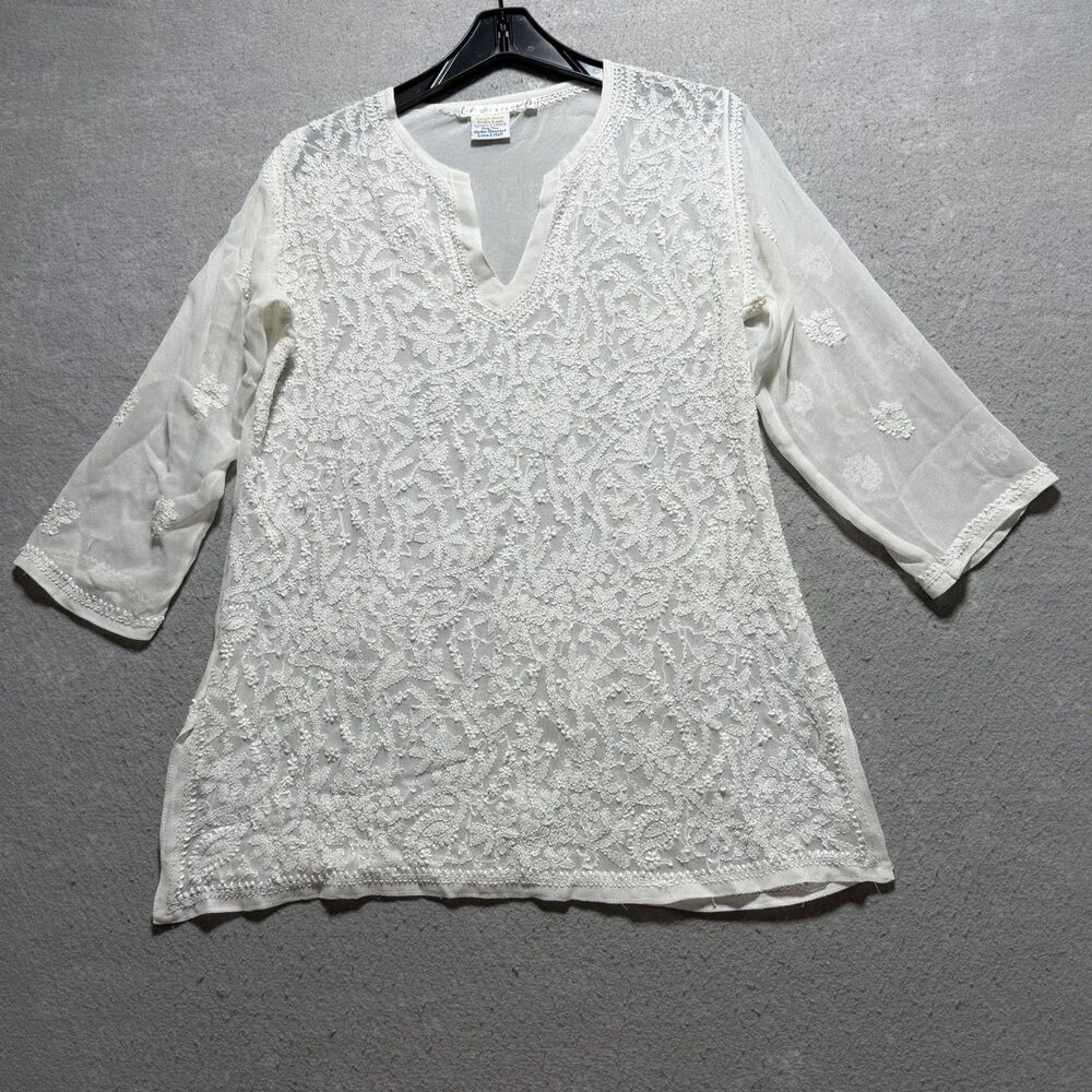 Gretchen Scott Tunic Top Women’s Size Small Ivory Gold Boho Embroidered